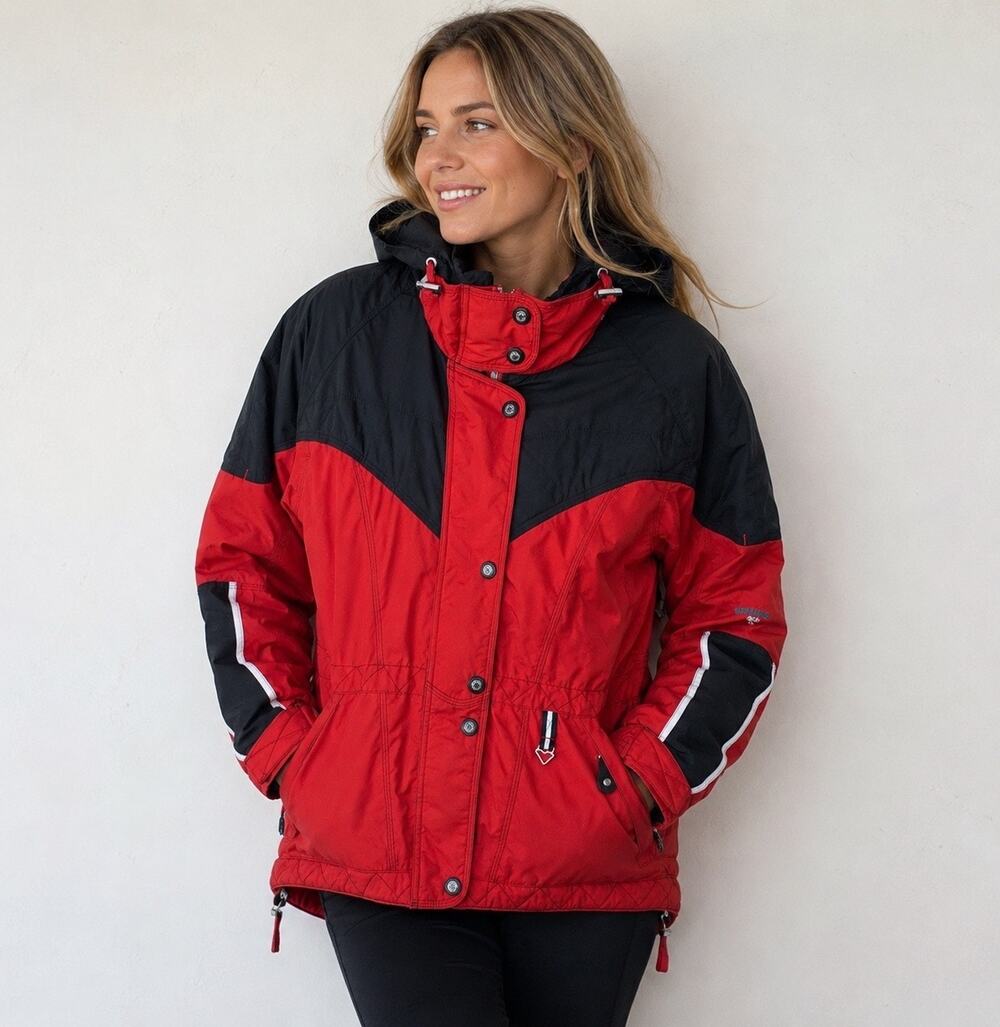 Obermeyer Ski Jacket Womens 10 Red Black Thermolite Hooded Snow Coat
